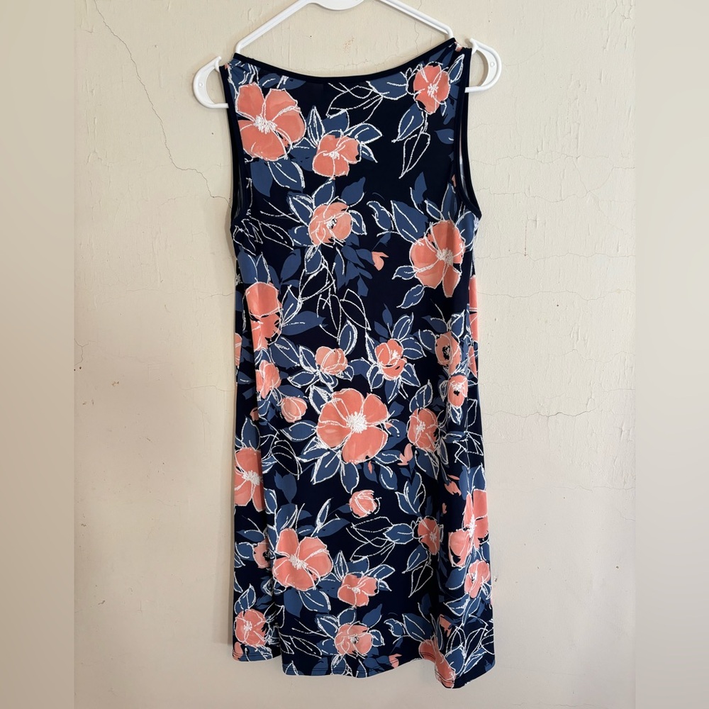 Espresso sleeveless blue and orange floral midi dress with small V neck Size S - Picture 2 of 5